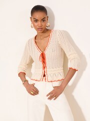 Lipsy Cream Tipped Tie Front V Neck Crochet Knit Cardigan - Image 1 of 4