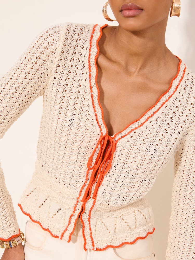 Lipsy Cream Tipped Tie Front V Neck Crochet Knit Cardigan - Image 2 of 4