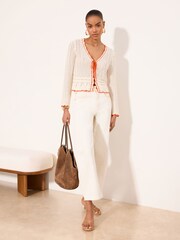 Lipsy Cream Tipped Tie Front V Neck Crochet Knit Cardigan - Image 3 of 4