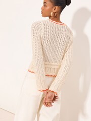 Lipsy Cream Tipped Tie Front V Neck Crochet Knit Cardigan - Image 4 of 4