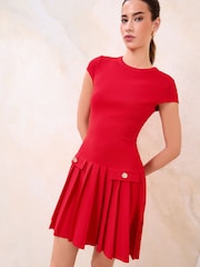 Lipsy Red Military Button Cap Sleeve Pleated Mini Knit Dress - Image 2 of 4