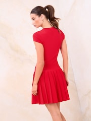 Lipsy Red Military Button Cap Sleeve Pleated Mini Knit Dress - Image 3 of 4