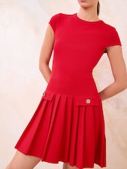 Lipsy Red Military Button Cap Sleeve Pleated Mini Knit Dress - Image 4 of 4