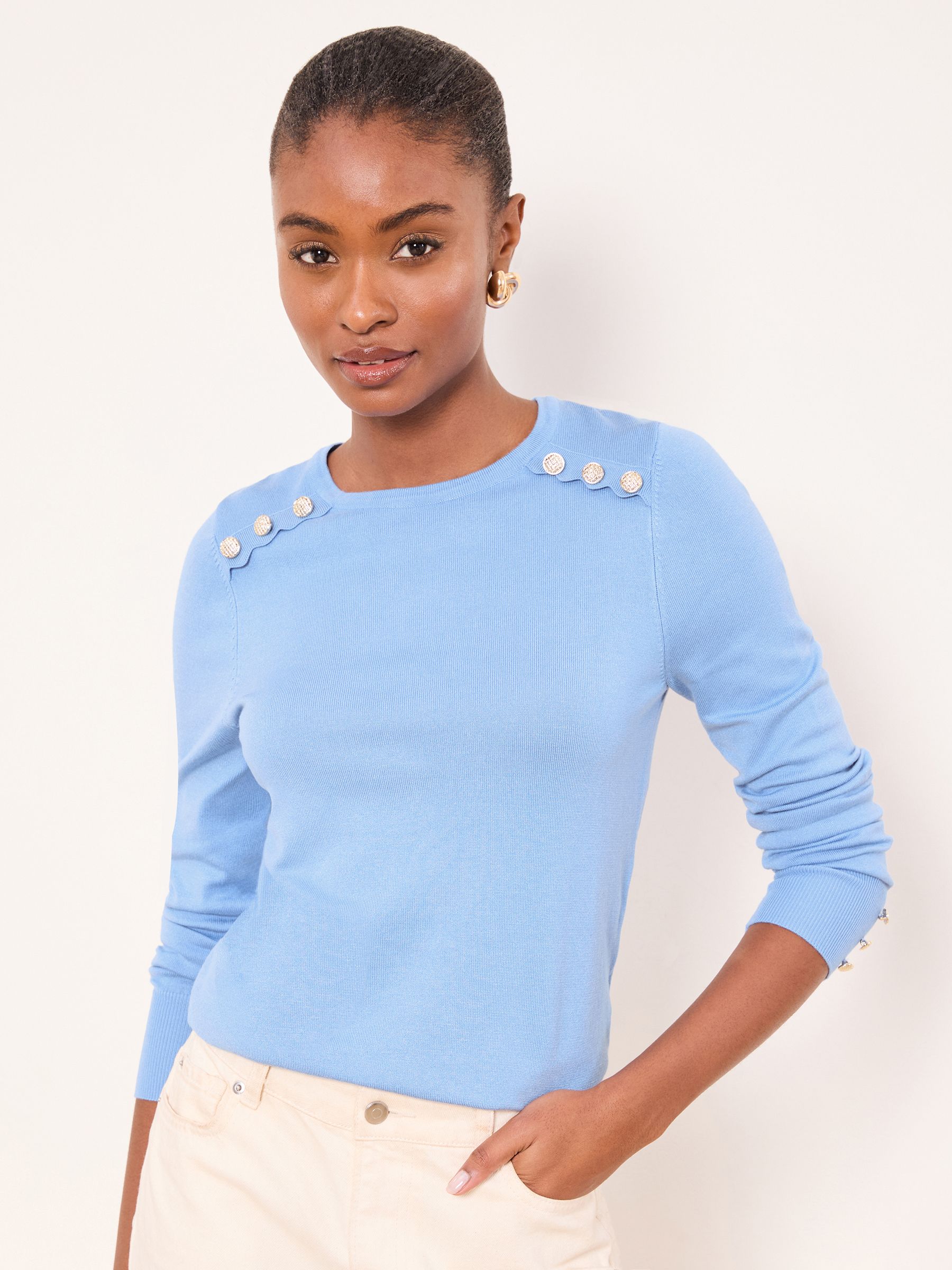 Buy Lipsy Light Blue Knitted Scallop Buttoned Crew Neck Jumper