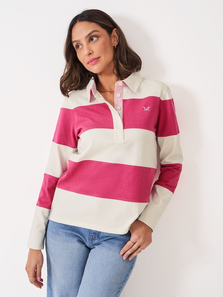 Crew Clothing Pink Long Sleeve Stripe Rugby Shirt - Image 1 of 5 Crew Clothing Pink Long Sleeve Stripe Rugby Shirt - Image 1 of 5