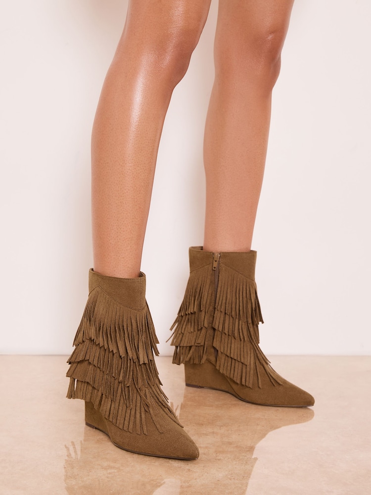 Lipsy Taupe Faux Suede Fringe Mid Wedge Smart Ankle Boots - Image 1 of 4 Lipsy Taupe Faux Suede Fringe Mid Wedge Smart Ankle Boots - Image 1 of 4