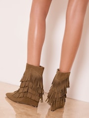 Lipsy Taupe Faux Suede Fringe Mid Wedge Smart Ankle Boots - Image 2 of 4