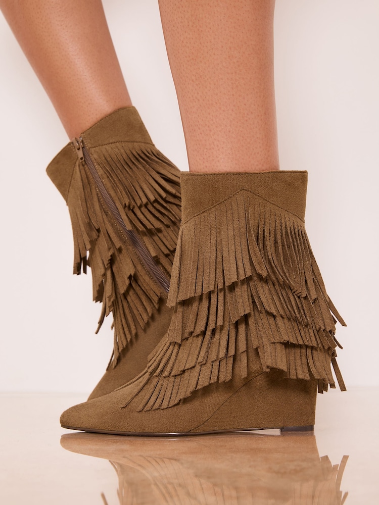 Lipsy Taupe Faux Suede Fringe Mid Wedge Smart Ankle Boots - Image 4 of 4 Lipsy Taupe Faux Suede Fringe Mid Wedge Smart Ankle Boots - Image 4 of 4