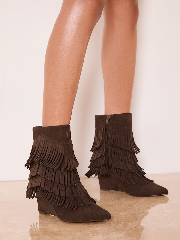 Lipsy Chocolate Brown Faux Suede Fringe Mid Wedge Smart Ankle Boots - Image 1 of 4 Lipsy Chocolate Brown Faux Suede Fringe Mid Wedge Smart Ankle Boots - Image 1 of 4