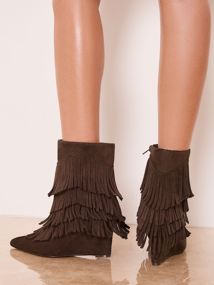 Lipsy Chocolate Brown Faux Suede Fringe Mid Wedge Smart Ankle Boots - Image 2 of 4 Lipsy Chocolate Brown Faux Suede Fringe Mid Wedge Smart Ankle Boots - Image 2 of 4