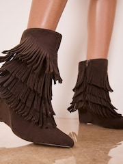Lipsy Chocolate Brown Faux Suede Fringe Mid Wedge Smart Ankle Boots - Image 3 of 4
