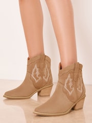Lipsy Sand Wide Fit Standard Fit Leather And Faux Suede Pull On Western Ankle Boots - Image 3 of 4