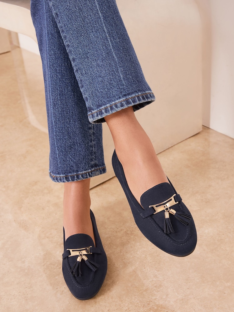 Lipsy Navy Wide Fit Almond Toe Tassel Workwear Loafers - Image 1 of 3 Lipsy Navy Wide Fit Almond Toe Tassel Workwear Loafers - Image 1 of 3