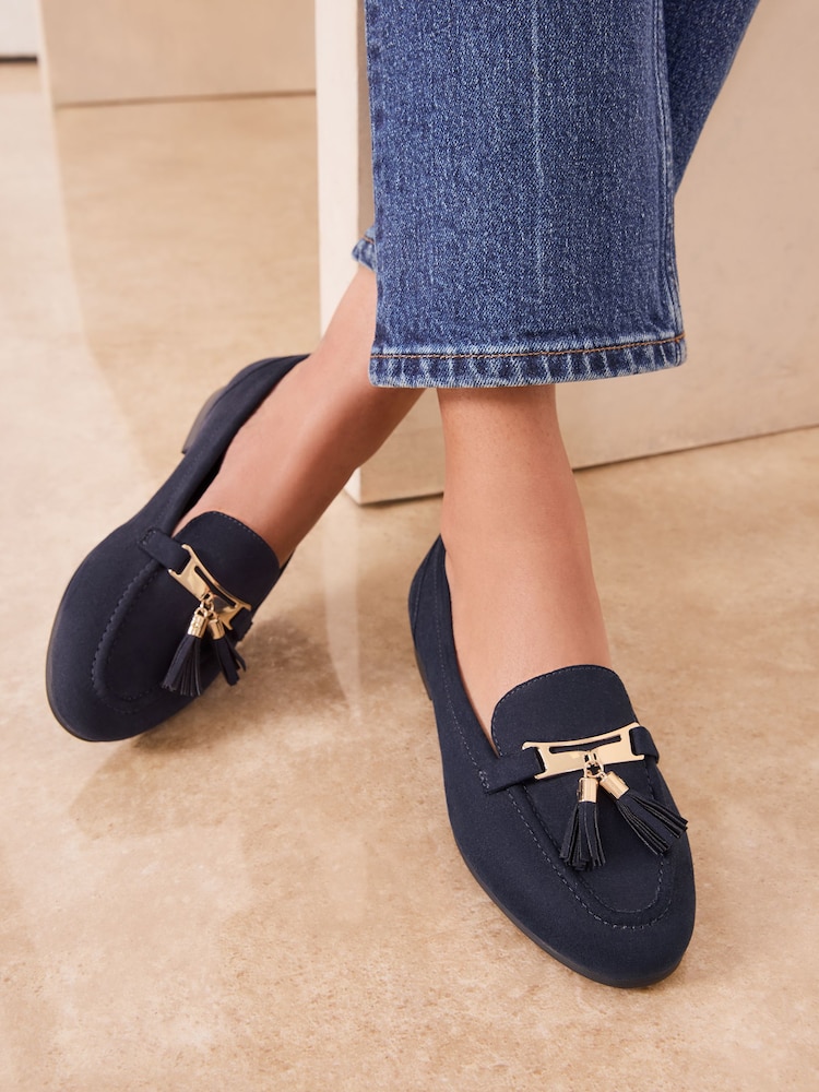 Lipsy Navy Wide Fit Almond Toe Tassel Workwear Loafers - Image 2 of 3 Lipsy Navy Wide Fit Almond Toe Tassel Workwear Loafers - Image 2 of 3