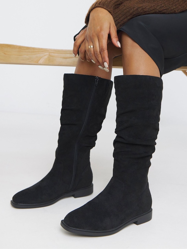 JD Williams Black Extra Wide Fit Knee High Ruched Boots In Super Curvy Calf - Image 1 of 3 JD Williams Black Extra Wide Fit Knee High Ruched Boots In Super Curvy Calf - Image 1 of 3