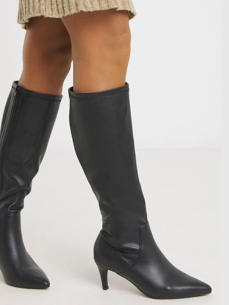 JD Williams Black Wide Fit Kitten Heel Knee High Sock Boots In Curvy Calf - Image 1 of 4
