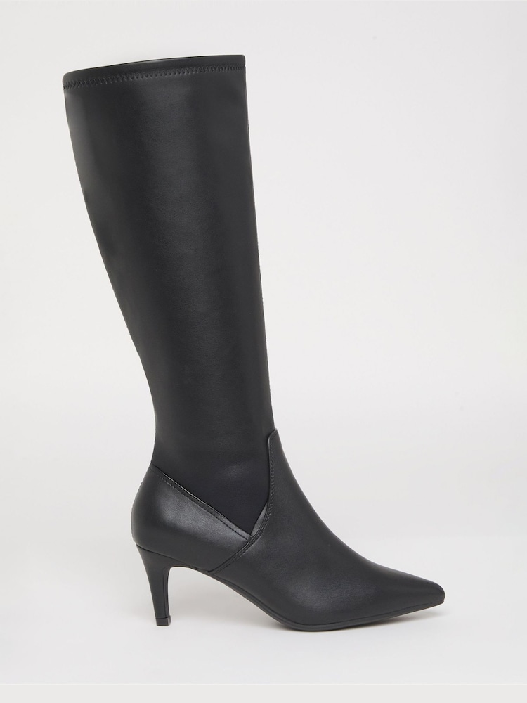 JD Williams Black Wide Fit Kitten Heel Knee High Sock Boots In Curvy Calf - Image 2 of 4