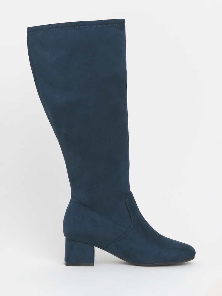 JD Williams Blue Wide Fit Low Block Heel Knee High Sock Boots In Curvy Calf - Image 2 of 4 JD Williams Blue Wide Fit Low Block Heel Knee High Sock Boots In Curvy Calf - Image 2 of 4