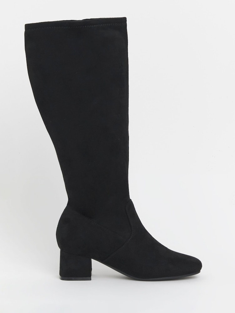 JD Williams Black Extra Wide Fit Low Block Heel Knee High Sock Boots In Standard Calf - Image 1 of 4
