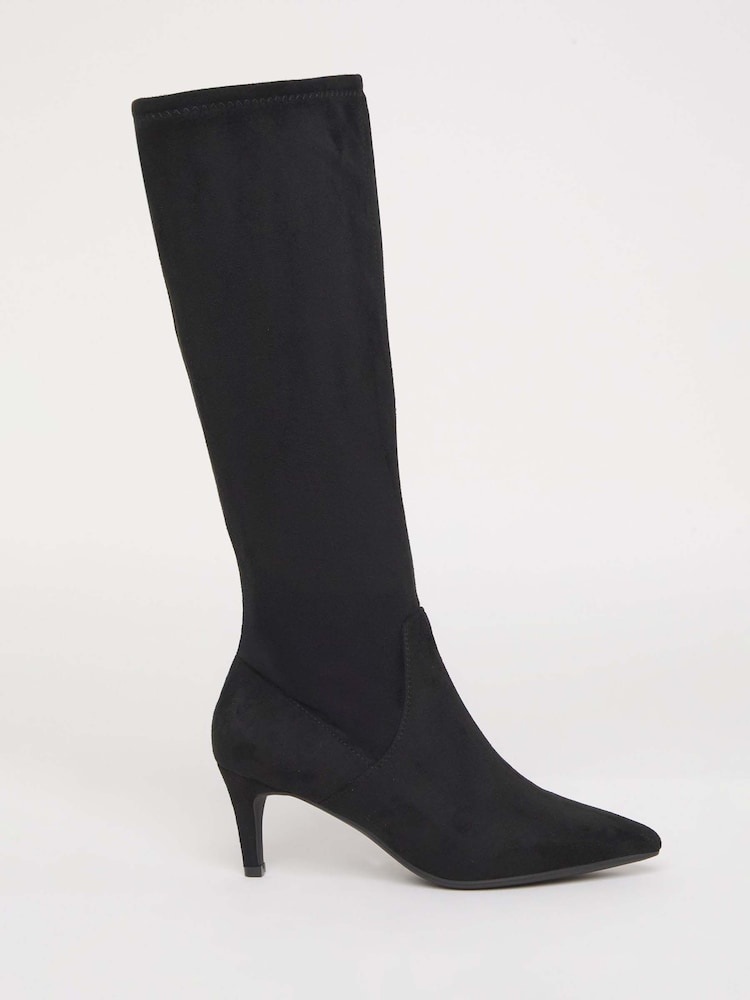 JD Williams Black Wide Fit Kitten Heel Knee High Sock Boots In Curvy Calf - Image 2 of 4 JD Williams Black Wide Fit Kitten Heel Knee High Sock Boots In Curvy Calf - Image 2 of 4