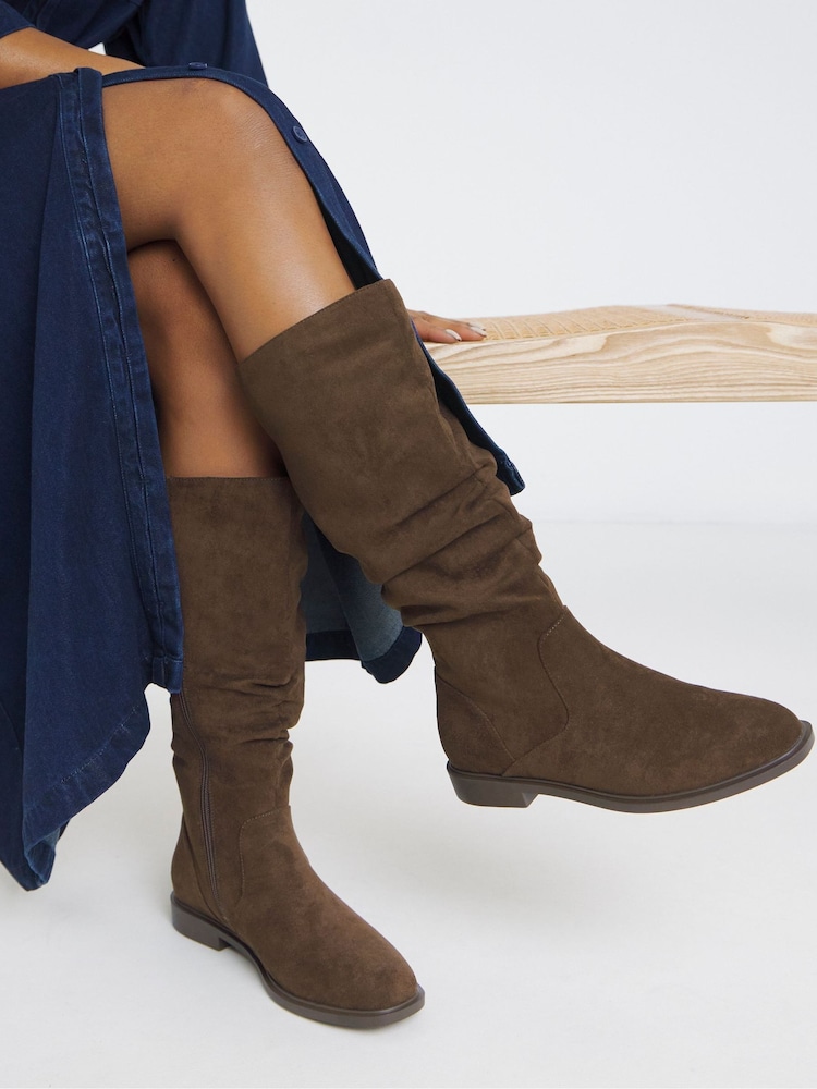 JD Williams Brown Wide Fit Knee High Ruched Boots In Standard Calf - Image 1 of 4 JD Williams Brown Wide Fit Knee High Ruched Boots In Standard Calf - Image 1 of 4