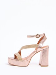 Lipsy Rose Gold Metallic Diamante Embellished Aysmmetric Strap High Platform Occasion Sandals - Image 5 of 5