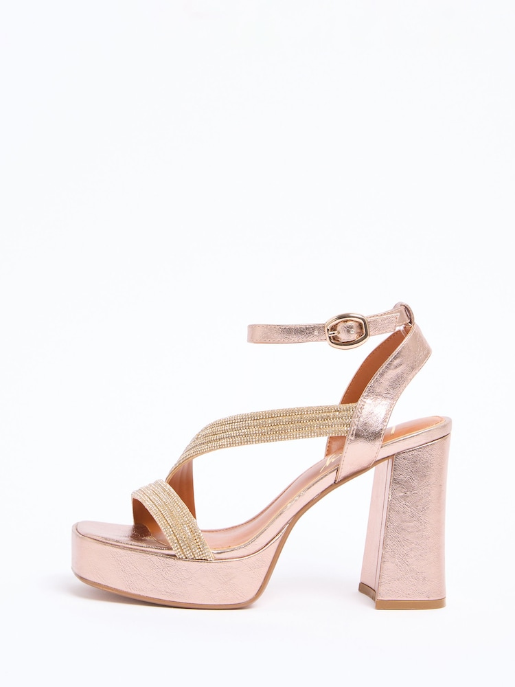 Lipsy Rose Gold Metallic Diamante Embellished Aysmmetric Strap High Platform Occasion Sandals - Image 5 of 5