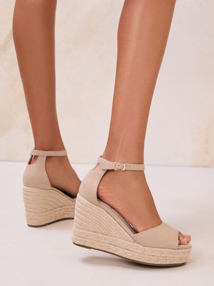 Lipsy Nude Standard Fit Beige Canvas Peep Toe Heeled Espadrille Wedge Sandals - Image 2 of 5