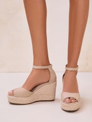 Lipsy Nude Standard Fit Beige Canvas Peep Toe Heeled Espadrille Wedge Sandals - Image 4 of 5