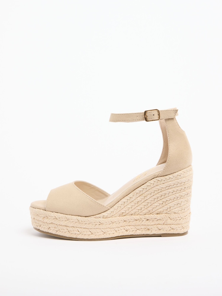 Lipsy Nude Standard Fit Beige Canvas Peep Toe Heeled Espadrille Wedge Sandals - Image 5 of 5