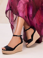 Lipsy Black Standard Fit Black Canvas Peep Toe Heeled Espadrille Wedge Sandals - Image 1 of 4