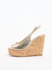 Lipsy Gold Standard Fit Gold Peep Toe Heeled Metallic Cork Wedge Sandals - Image 5 of 5