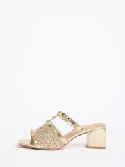 Lipsy Gold Studded Two Part Woven Faux Leather Mid Block Heel Mule Sandals - Image 5 of 5