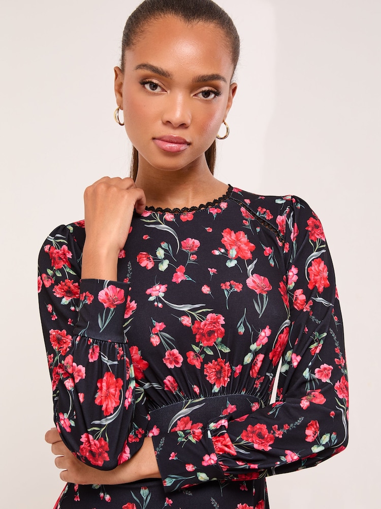 Lipsy Black Mini Floral Lace Trim Jersey Underbust Dress - Image 2 of 5