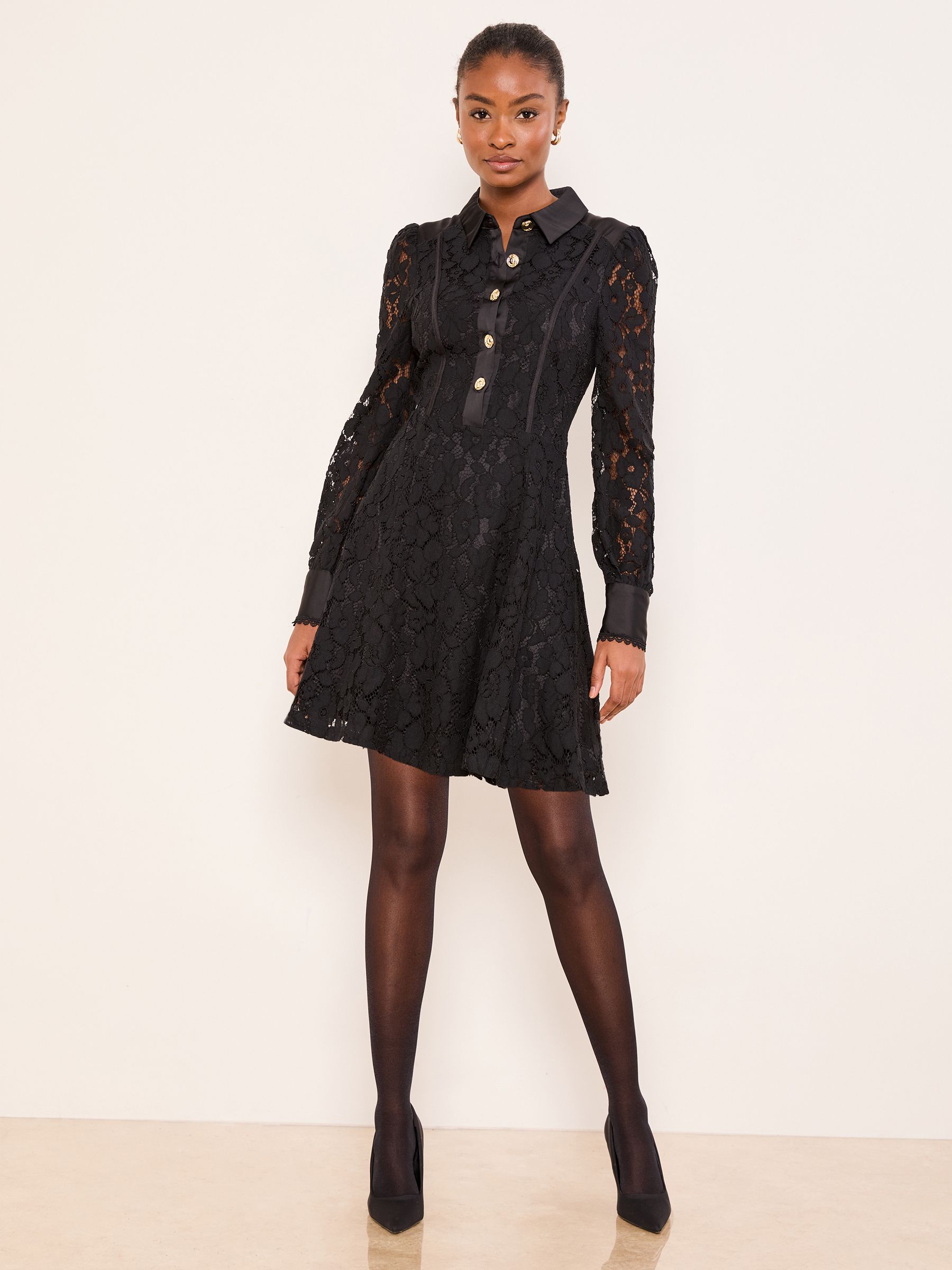 Buy Lipsy Black Mini All-Over Lace Long Sleeve Skater Dress from