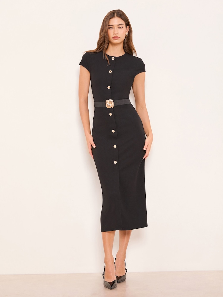 Womens Lipsy Black Cap Sleeve Button Through Belted Bodycon Midi Dress US 12 Womens Lipsy Black Cap Sleeve Button Through Belted Bodycon Midi Dress US 12