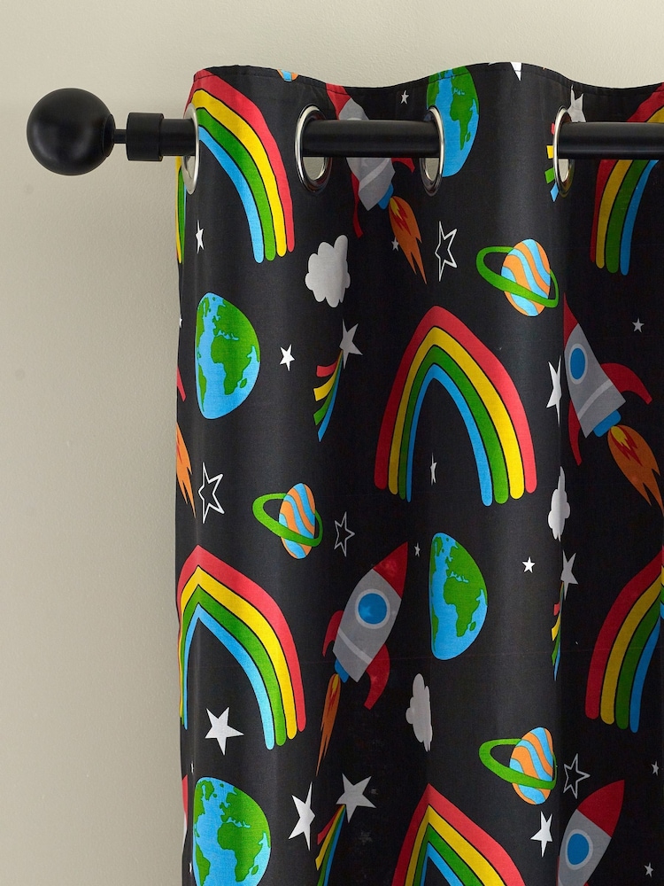 Catherine Lansfield Black Rainbow Rockets Fully Reversible Eyelet Curtains - Image 1 of 3