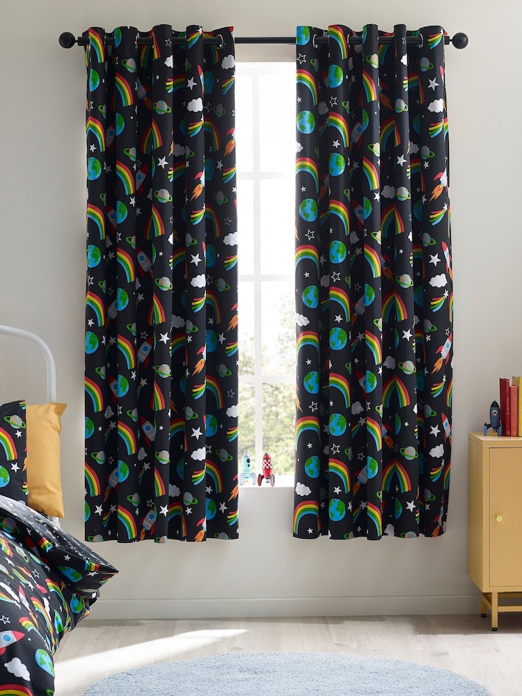 Catherine Lansfield Black Rainbow Rockets Fully Reversible Eyelet Curtains - Image 2 of 3