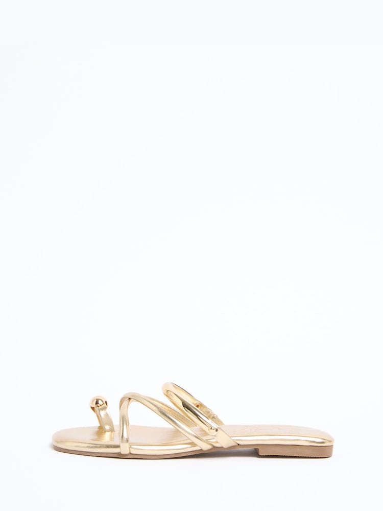 Lipsy Gold Faux Leather Hardware Detail Cross Strap Slip On Summer Sandals - Image 5 of 5 Lipsy Gold Faux Leather Hardware Detail Cross Strap Slip On Summer Sandals - Image 5 of 5