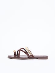 Lipsy Chocolate Brown Faux Suede Hardware Detail Cross Strap Slip On Summer Sandals - Image 5 of 5