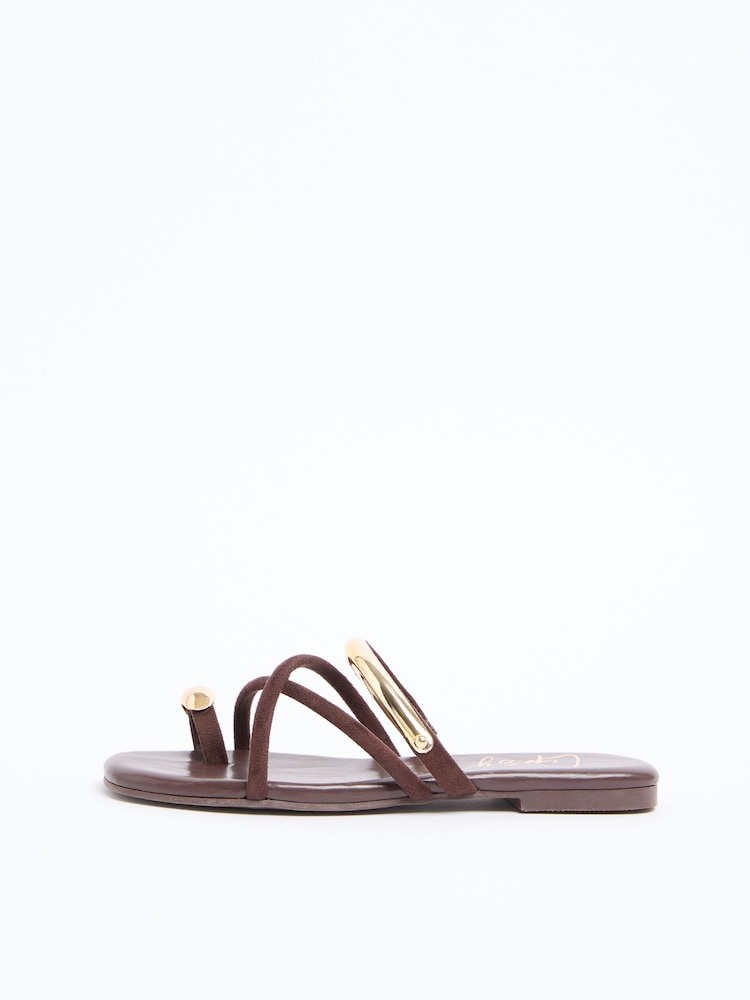 Lipsy Chocolate Brown Faux Suede Hardware Detail Cross Strap Slip On Summer Sandals - Image 5 of 5 Lipsy Chocolate Brown Faux Suede Hardware Detail Cross Strap Slip On Summer Sandals - Image 5 of 5
