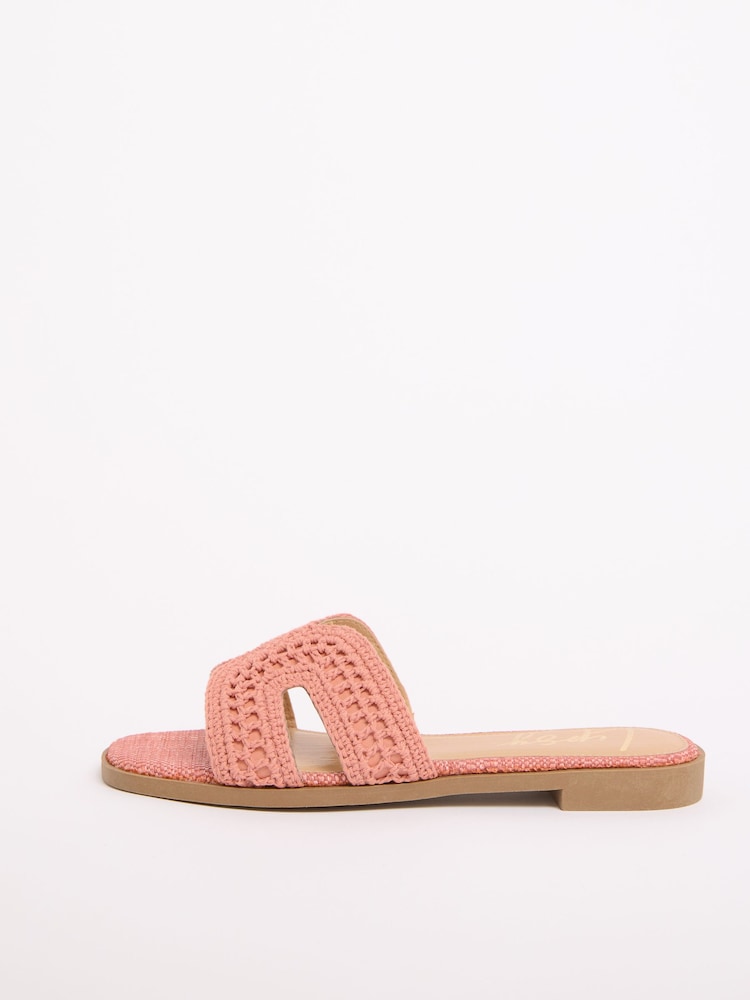 Lipsy Coral Pink Crochet Knit Standard Fit Mule Slip On Flat Sandals - Image 6 of 6