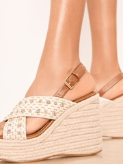 Lipsy Cream Cross Strap Gem Embellished High Heel Wedge Summer Sandals - Image 4 of 5