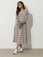 PixieGirl Petite Grey Check Shirred Long Sleeve Midi Dress - Image 1 of 5