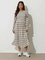PixieGirl Petite Grey Check Shirred Long Sleeve Midi Dress - Image 2 of 5