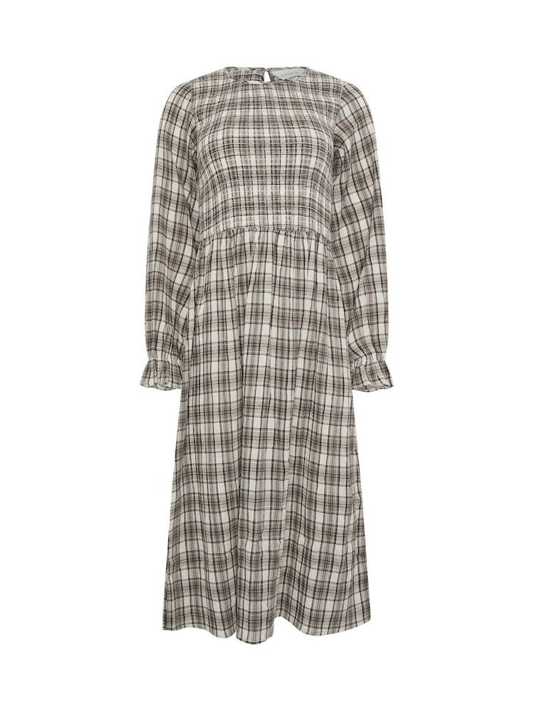 PixieGirl Petite Grey Check Shirred Long Sleeve Midi Dress - Image 5 of 5