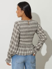 PixieGirl Petite Brown Check Shirred Long Sleeve Top - Image 2 of 6