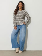 PixieGirl Petite Brown Check Shirred Long Sleeve Top - Image 3 of 6