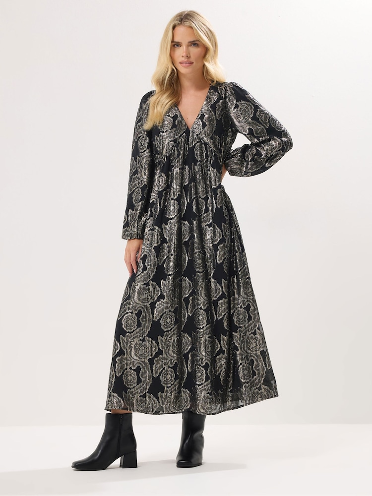 PixieGirl Petite Black Jacquard Long Sleeve Smock Maxi Dress - Image 1 of 5