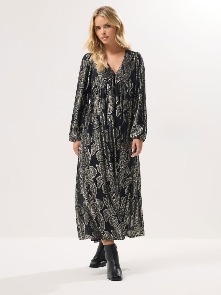 PixieGirl Petite Black Jacquard Long Sleeve Smock Maxi Dress - Image 2 of 5